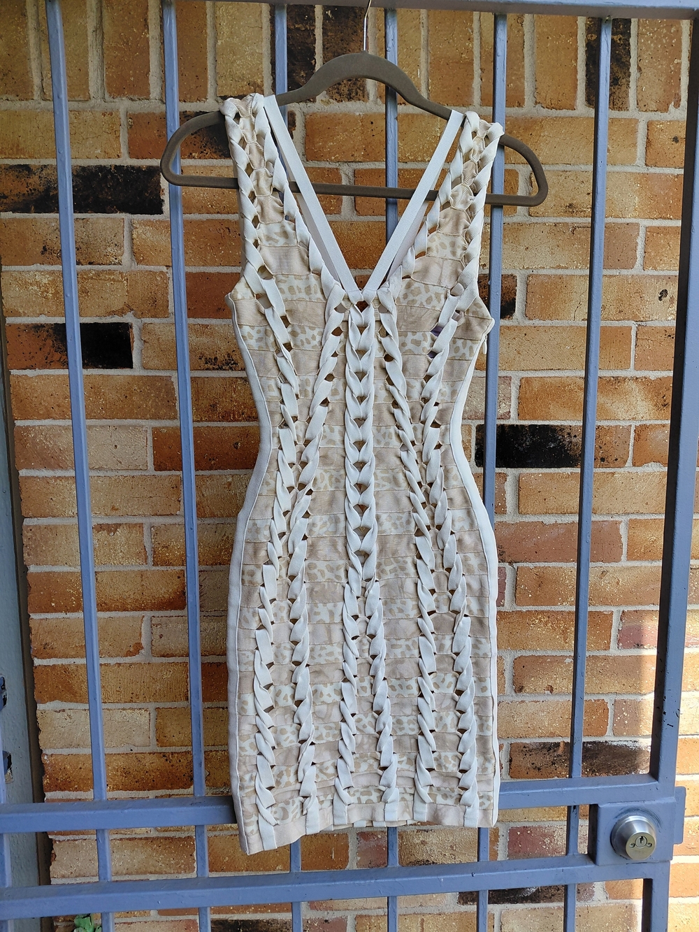 Herve Leger Cream Braided V‑Neck Mini Bodycon Dress - Picture 2 of 7